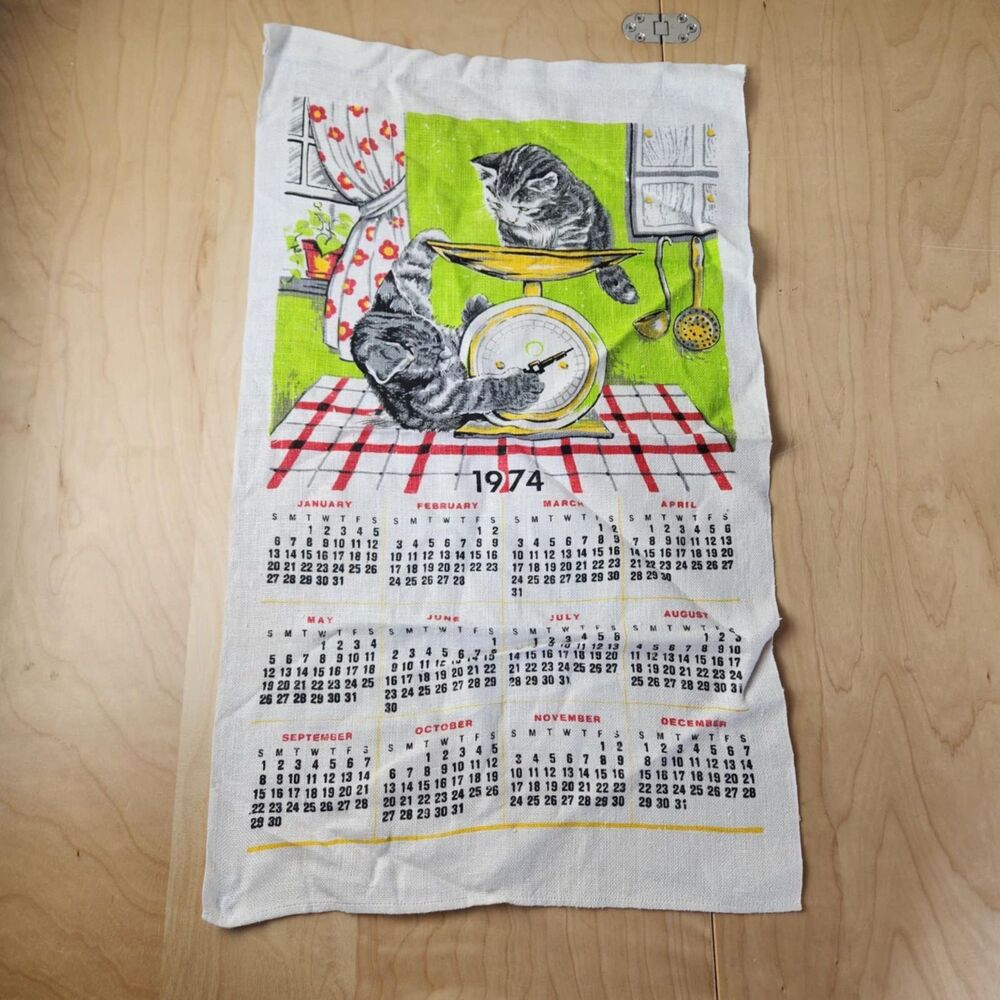 Vtg 1974 Cats Kittens Linen Cloth Wall Calendar Hanging Kitchen Decor 27 x 16.5